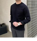 New Autumn Fashion Men T-shirt Light Luxury Solid Color Long Sleeve Tops Leisure Streetwear Casual O Neck Basic Shirts M-3XL