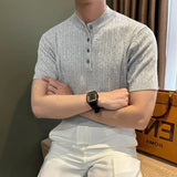 New Fashion American Style Men T-shirt Luxury Jacquard Knitted Henry Collar Tees Casual Solid Color Short Sleeve Breathable Tops