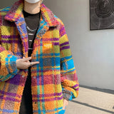 Patchwork Color Striped Iambskin Jackets Men's Women's Casual Harajuku Winter Thick Warm Coats Couples Hip Hop Streetwear