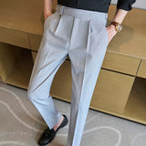 Men's Fashion High Waist Suit Pants England Style Slim Fit Long Toursers Male Quality Daily Work Casual Bottoms Wear Adjustable