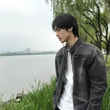 Punk Gray Denim Jacket Men's American Retro Heavy Industry Coat Metal Design Stand Collar Old Washed Short Spliced Street Jacket