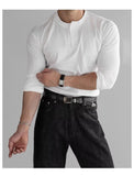 New American Fashion Men Henry Collar T-shirt Light Luxury Solid Color Long Sleeve Tops Leisure Light Business Basic Shirt M-3XL