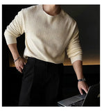 New Korean Fashion Men T-shirt Luxury Knitted Solid Color O Neck Long Sleeve Tees Casual Premium Quality Textured Knitwear M-3XL