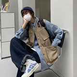 Men Vests Japanese Safari Style Stylish Chic Baggy Outer Techwear Retro Multi Pockets Daily Simple All-match Cozy Sleeveless