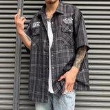 New Fashion Street Embroidered Letter Short-Sleeved Shirt Hip-Hop Casual High-Quality Plaid Lapel Half-Sleeved Tops For Men