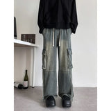 Baggy Casual Denim cargo Pant man Mopping Trousers Yellow Mud Ribbons Multi-pockets Drawstring Jeans for Men Harajuku Streetwear