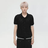 Niche Design Men's T-shirt Turn-down Collar Contrast Color Knitting Hollow Out Short Sleeve Single Breasted Male Tee