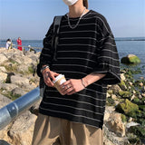 Black Summer Korea T-Shirt Men Funny Harajuku Tshirt Streetwear Femme Striped Japan O-Neck Loose Half Sleeve T Shirts Male
