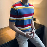 Vintage Knitted Striped T-shirts Mens Summer Casual Slim Fit O Neck Jumper Tops Men Short Sleeve Fashion Knit T Shirt Streetwear