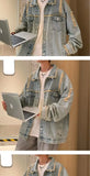 Men's Ripped Denim Jacket Autumn American Retro Washed Hip Hop Streetwear Cool Trendy Loose Casual Jacket Button Up Jeans Coat