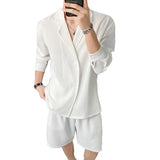 Summer Black/White Sets Men Fashion Long-sleeved Shirt Shorts Two-piece Men Korean Casual Loose Plaid Sets Mens Suit M-2XL