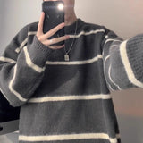 New Korean Trendy Men Sweater Light Luxury Knitted Drooping Stripe O Neck Long Sleeve Pullover Casual High Street Knitwear M-3XL