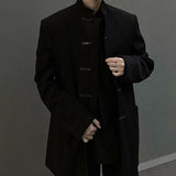 New Chinese Style Suit Men's Niche Design Traditional Button Stand Collar Jacket Black Straight Wide Shoulder Coats Ruffian Cool
