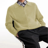 New American Retro Men Polo Sweater Luxury Trendy Jacquarded V Neck Knit Solid Color Pullover Leisure Loose Long Sleeve Knitwear
