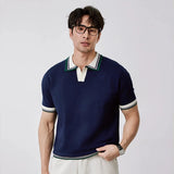 New Japanese Trendy Men Polo Shirt Light Luxury Slim-fit V Neck T-shirt Leisure Patchwork Short Sleeve Tops Retro Knitwear M-3XL