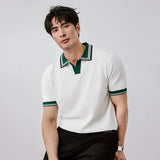 New Japanese Trendy Men Polo Shirt Light Luxury Slim-fit V Neck T-shirt Leisure Patchwork Short Sleeve Tops Retro Knitwear M-3XL