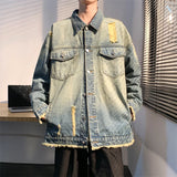 Denim Jackets Men Washed Distressed Raw Edge Hole Autumn Turn-down Collar American Style High Street Retro Baggy Males Overcoats