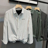 Spring and Autumn New Trendy Small Embroidered Inch Clothes Slim Lapel Long Sleeve Tops Men Vertical Striped Casual Shirt