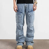 Cyber Y2K Stresswear Washed Blue Pleated Baggy New Jeans Cargo Pants For Men Designer Clothes Multi Pockets Denim Trousers