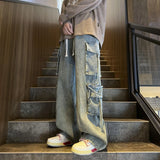 Multi-pockets Ribbons Jeans Men Wide Leg Denim Pants Straight Baggy Men's Cowboy Hip Hop Streetwear Neutral Mopping Trousers