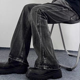 Men Daily Popular Bell Bottom Jeans Male Chic Black Gray Lines Design Denim Pants Baggy Vintage Wash Straight Leg Denim Trousers