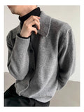 New Korean Fashion Men Cardigan Jacket Light Luxury Knitted Polo Neck Long Sleeve Sweater Coat Casual Retro Solid Color Knitwear