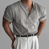 Spring Summer Casual Mens Knitted Tees Vintage Pleated Solid Color Knit T Shirt For Men Stylish Button O Neck Knitted Tops