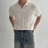 New Fashion Men's Clothing Luxury Korean Popular Hollow Out Polo Shirt Leisure V Neck Short Sleeve Solid Color Retro Knitwear