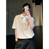 Summer Short Sleeved T-shirt Men Fashion Casual Beige Lapel T Shirt Streetwear Korean Loose Hollow Out T Shirt Mens Polo Shirt