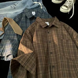 Japanese Vintage Plaid Short Sleeve Shirt Men's Streetwear Loose Fit High-end Feel Casual Stylish Versatile Half Sleeve Jacket