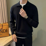 Autumn Casual Men Polo Sweater Light Luxury Zip-up Solid Color Long Sleeve Knitted Pullover Daily Commuting Basic Knitwear M-3XL