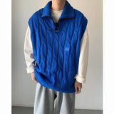 Autumn Short Sweater Vest Men Fashion Casual Lapel Knit Pullover Men Korean Loose Zipper Sleeveless Sweater Mens Jumper Clothes