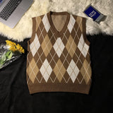 Men Sweater Vests Plaid Autumn Winter Retro Loose Couples Sleeveless Knitted Tops Chic V-neck Korean Style Soft Ins Casual Male