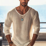 New Casual Pure Color Mens Long Sleeve Tees Spring Vintage V Neck Loose Pullover Tops Men Leisure Breathable Transparent T Shirt