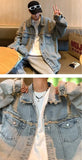 Men's Ripped Denim Jacket Autumn American Retro Washed Hip Hop Streetwear Cool Trendy Loose Casual Jacket Button Up Jeans Coat