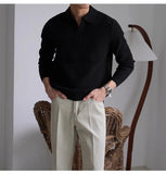 Men's American Retro Polo Sweater Luxury Trendy Business V Neck Knit Solid Color Pullover Leisure Slim-fit Long Sleeve Knitwear