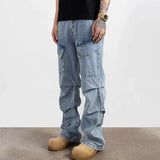 Cyber Y2K Stresswear Washed Blue Pleated Baggy New Jeans Cargo Pants For Men Designer Clothes Multi Pockets Denim Trousers
