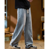 Men New Baggy Jeans Fashion Y2K High Street Retro Blue Trousers Elastic Drawstring Straight Wide Leg Loose Casual Denim Pants