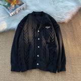 Letter Twists Cardigan Sweater Men New Preppy Grunge Cityboy Knit Jacket Japan Couple Casual V-neck Sweater Coat