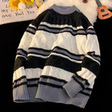 American autumn and winter street fashion personalized jacquard round neck pullover for couples loose retro color blocked knit