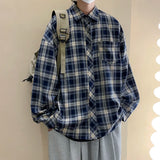 Shirts Men Clothing Plaid Long Sleeve Autumn Cool Navy Blue Japanese Retro Harajuku Students Preppy Stylish Handsome Kpop Casual