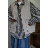 Japan Cityboy Style Jacket Retro Work Clothes Striped Shirt Vest Korean Streetwear Men Women Loose Trendy Long-sleeved Jacket