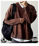 New American Retro Men Jacquarded Sweater Casual V Neck Solid Color Long Sleeve Knitwear Premium Quality Knitted Pullovers M-2XL