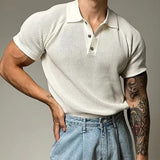 Stylish Mens Slim Polo Shirts Spring Summer Casual Solid Color Waffle Short Sleeve Polos Men Trendy Buttoned Polo Collar Shirt