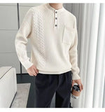 Korean Popular Men's Henry Collar Sweater Light Luxury Knit Long Sleeve Button Pullover Trending Jacquarded Solid Color Knitwear