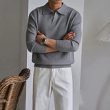 Men's American Retro Polo Sweater Luxury Trendy Business V Neck Knit Solid Color Pullover Leisure Slim-fit Long Sleeve Knitwear