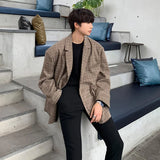 Plaid Blazer Men Oversized Fashion Society Mens Dress Jacket Korean Loose Casual Suit Jacket Mens Office Formal Jackets M-2XL