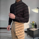 New Italy Business Men Shirts Light Luxury Textured Peaked Lapel Striped Long Sleeve Cardigan Leisure High Quality Blouse M-2XL