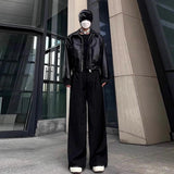 High Street Trendy PU Leather Crop Jacket Casual Textured Locomotive Zipper Turn-down Collar Solid Color Long Sleeve Men's Coats