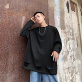 T-shirts Men Ins Hole Youthful Simple Pure Streetwear Fashion O-neck Daily Long Sleeve Spring Korean Style Handsome Charming New